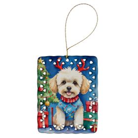 Maltipoo Christmas Reindeer Porcelain Ornament Christmas Tree Hanging Decorations for Home Christmas Holiday, Rectangle, Gift, Multicolor
