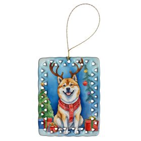 Akita Christmas Reindeer Porcelain Ornament Christmas Tree Hanging Decorations for Home Christmas Holiday, Rectangle, Gift, Multicolor