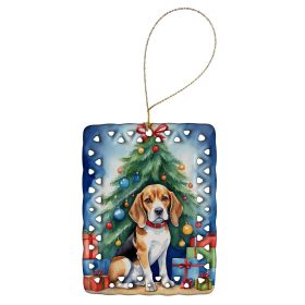 Beagle Christmas Reindeer Porcelain Ornament Christmas Tree Hanging Decorations for Home Christmas Holiday, Rectangle, Gift, Multicolor