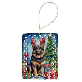 German Shepherd Christmas Reindeer Porcelain Ornament Christmas Tree Hanging Decorations for Home Christmas Holiday, Rectangle, Gift, Multicolor