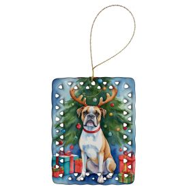 White Boxer Christmas Reindeer Porcelain Ornament Christmas Tree Hanging Decorations for Home Christmas Holiday, Rectangle, Gift, Multicolor