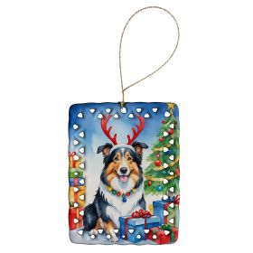 Collie Christmas Reindeer Porcelain Ornament Christmas Tree Hanging Decorations for Home Christmas Holiday, Rectangle, Gift, Multicolor