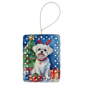 Maltese Christmas Reindeer Porcelain Ornament Christmas Tree Hanging Decorations for Home Christmas Holiday, Rectangle, Gift, Multicolor