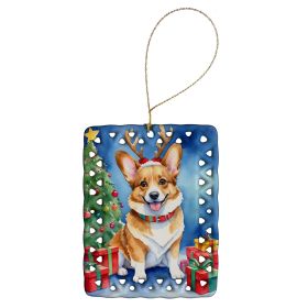 Corgi Christmas Reindeer Porcelain Ornament Christmas Tree Hanging Decorations for Home Christmas Holiday, Rectangle, Gift, Multicolor
