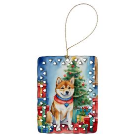 Shiba Inu Christmas Reindeer Porcelain Ornament Christmas Tree Hanging Decorations for Home Christmas Holiday, Rectangle, Gift, Multicolor