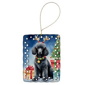 Black Standard Poodle Christmas Reindeer Porcelain Ornament Christmas Tree Hanging Decorations for Home Christmas Holiday, Rectangle, Gift, Multicolor