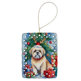Lhasa Apso Christmas Reindeer Porcelain Ornament Christmas Tree Hanging Decorations for Home Christmas Holiday, Rectangle, Gift, Multicolor