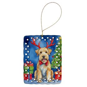 Wheaten Terrier Christmas Reindeer Porcelain Ornament Christmas Tree Hanging Decorations for Home Christmas Holiday, Rectangle, Gift, Multicolor