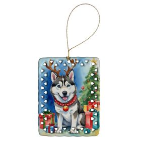 Siberian Husky Christmas Reindeer Porcelain Ornament Christmas Tree Hanging Decorations for Home Christmas Holiday, Rectangle, Gift, Multicolor
