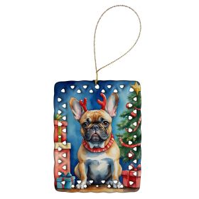 French Bulldog Christmas Reindeer Porcelain Ornament Christmas Tree Hanging Decorations for Home Christmas Holiday, Rectangle, Gift, Multicolor