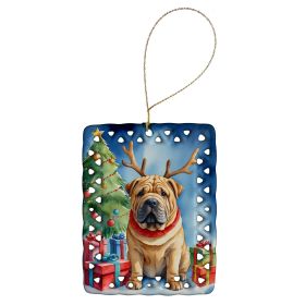 Shar Pei Christmas Reindeer Porcelain Ornament Christmas Tree Hanging Decorations for Home Christmas Holiday, Rectangle, Gift, Multicolor