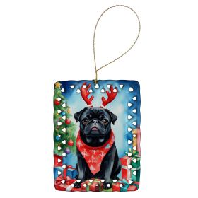 Black Pug Christmas Reindeer Porcelain Ornament Christmas Tree Hanging Decorations for Home Christmas Holiday, Rectangle, Gift, Multicolor