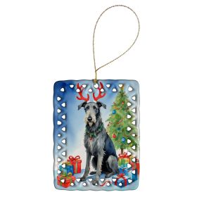 Scottish Deerhound Christmas Reindeer Porcelain Ornament Christmas Tree Hanging Decorations for Home Christmas Holiday, Rectangle, Gift, Multicolor