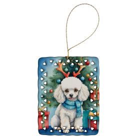 White Toy Poodle Christmas Reindeer Porcelain Ornament Christmas Tree Hanging Decorations for Home Christmas Holiday, Rectangle, Gift, Multicolor