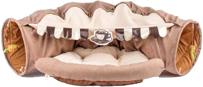 Cat Tunnel Toy Bed with Cushion Mat with Pop up Collapsible 2 Way Tube and Scratching Ball Interactive Toy Peak Hole Hideout House for Cat Puppy Kitte (Color: coffee)