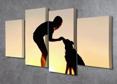 A silhouette of a girl sitting outside in the grass with her pet German Shepherd Mix Dog feeding him treats during training in front of a sunsetting s (type: Standard Framed Canvas Print (Split-Panel), size: 51" x 35" / 130cm x 89cm (Approx))