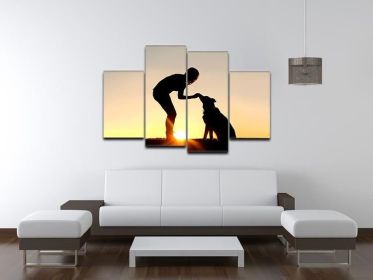 A silhouette of a girl sitting outside in the grass with her pet German Shepherd Mix Dog feeding him treats during training in front of a sunsetting s (type: Premium Framed Canvas Print (Split-Panel), size: 67" x 44" / 170cm x 115cm (Approx))