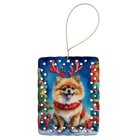 Pomeranian Christmas Reindeer Porcelain Ornament Christmas Tree Hanging Decorations for Home Christmas Holiday, Rectangle, Gift, Multicolor (Default: Default)